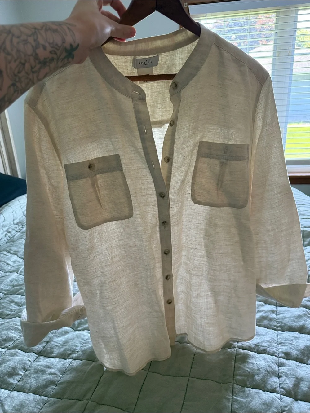 Kate Hill 100% Linen Button Front Top Cream Beige Plus Size 2X Lightweight - Picture 5 of 6